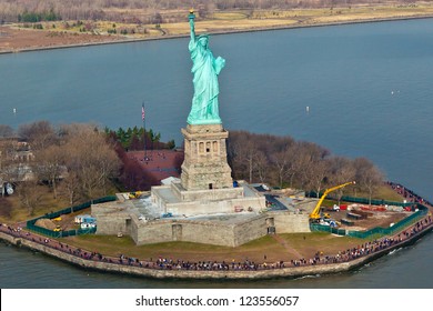 NEW YORK - March 5: Aerial View Of The Statue Of Liberty In New York Harbor As Of March 5, 2012. The Statue Of Liberty Is A Symbol Of USA. It Was A Gift From People Of France To The United States.