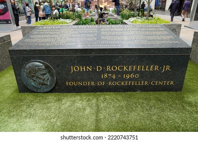 NEW YORK - MAY 12, 2022: Rockefeller Center Sign. Rockefeller Center Was Built By The Rockefeller Family During The Great Depression 