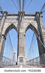 NEW YORK - MAY 21: The Brooklyn Bridge Designed By John Augustus Roebling Was Completed In 1883. Pedestrians, Cyclist And Cars Are Permitted To Cross The 5,989 Ft Bridge. New York, May 21, 2010.