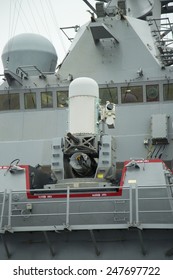 NEW YORK - MAY 22, 2014: The Phalanx Gun On US Navy Destroyer USS McFaul During Fleet Week 2014 In New York. The Phalanx Is A Weapon System For Defending Against Anti-ship Missiles