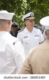 NEW YORK - MAY 22 2015: Admiral Phil Davidson, Commander, US Fleet Forces Command, Speaks To Personnel During The Re-enlistment And Promotion Ceremony At The National September 11 Memorial Site.