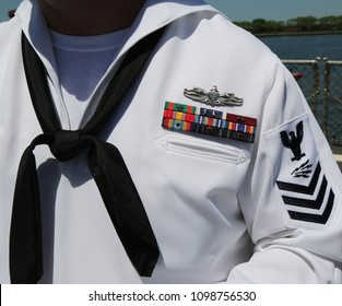 NEW YORK - MAY 24, 2018: US Navy Military Ribbons On United States Navy Uniform In New York