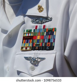 NEW YORK - MAY 24, 2018: US Navy military ribbons on United States Navy Uniform in New York