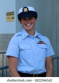 NEW YORK - MAY 26, 2016: Unidentified US Coast Guard Officer On The Deck Of US Guided Missile Destroyer USS Farragut During Fleet Week 2016 In New York