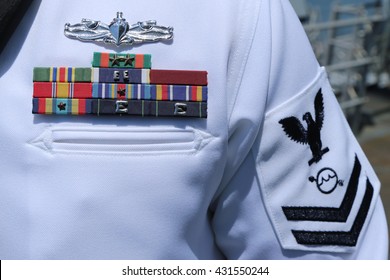 NEW YORK - MAY 26, 2016: US Navy Military Ribbons On United States Navy Uniform In New York