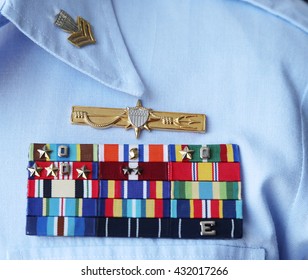 NEW YORK - MAY 26, 2016: US Coast Guard Military Ribbons On United States Coast Guard Uniform In New York