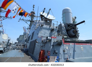 NEW YORK - MAY 26, 2016: The Phalanx Gun On The Deck Of US Navy Guided-missile Destroyer USS Farragut During Fleet Week 2016 In New York.