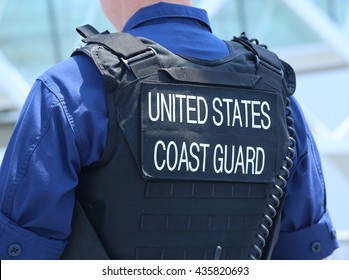 NEW YORK - MAY 26, 2016: United States Coast Guard Officer Providing Security During Fleet Week 2016 In New York.