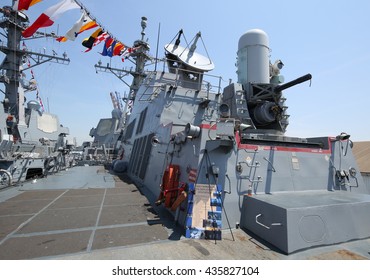 NEW YORK - MAY 26, 2016: The Phalanx Gun On The Deck Of US Navy Guided-missile Destroyer USS Farragut During Fleet Week 2016 In New York.