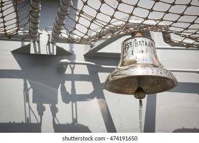 NEW YORK MAY 26 2016: The Brass Bell Of The USS Bataan (LDH 5) An Amphibious Assault Ship Moored At Pier 88 For Fleet Week NY 2016.