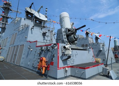 NEW YORK - MAY 26, 2016: The Phalanx Gun On The Deck Of US Navy Guided-missile Destroyer USS Farragut During Fleet Week 2016 In New York.