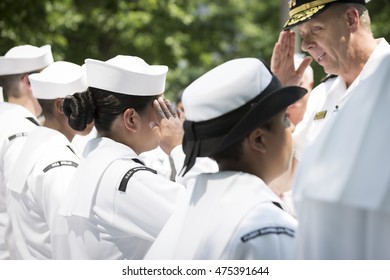 NEW YORK MAY 27 2016: US Navy Personnel Salute Admiral Phil Davidson, Commander, US Fleet Forces Command, During The Re-enlistment And Promotion Ceremony At The National September 11 Memorial Site.