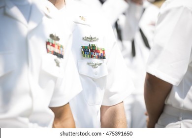 NEW YORK MAY 27 2016: Close Up Details Of The Uniform Worn By US Navy Personnel During The Re-enlistment And Promotion Ceremony At The National September 11 Memorial Site During Fleet Week 2016.