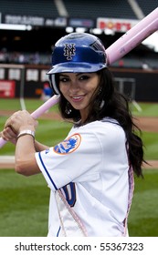 NEW YORK - MAY 27: Miss USA, Rima Fakih, Wearing Jersey, Holding Pink Bat And Blue Cap At The Mets Vs. Phillies Baseball Game In Citi Field, May 27 2010 In New York.
