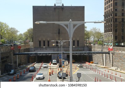 NEW YORK - MAY 3, 2018: The Brooklyn–Battery Tunnel Entrance From Manhattan. It Is Officially Known As The Hugh L. Carey Tunnel. 