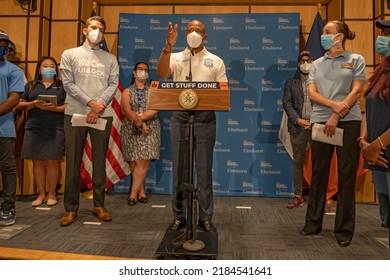 New York Mayor Eric Adams Speaks During A Healthcare Week Of Action Closeout Event At NYC Health + HospitalsElmhurst On July 30, 2022 In The Elmhurst Neighborhood Of New York City. 