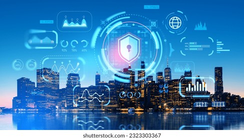 New York night skyline and big business data statistics hud, digital shield lock hologram, encrypted and confidential information. Concept of cybersecurity, company and privacy