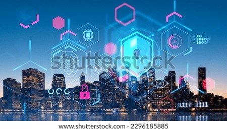 New York night skyline and biometric verification hud, digital shield lock hologram, encrypted data in metaverse. Concept of business data protection and confidential information