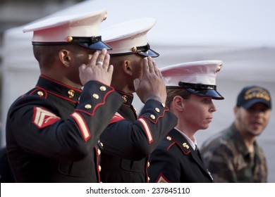 NEW YORK - NOV 11, 2014: Two US Marines salute as they march past the VIP stage during the 2014 America's Parade held on Veterans Day in New York City on November 11, 2014.