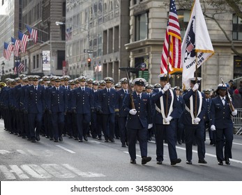 NEW YORK - NOV 25 2015: U.S. Coast Guard Personnel March In Uniform Lines During The Annual Americas Parade Up 5th Avenue On Veterans Day In Manhattan.