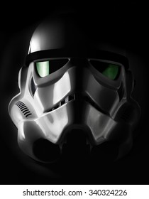 NEW YORK - NOV 7 2015: Studio portrait of an EFX brand Star Wars ANH Stormtrooper helmet. Star Wars The Force Awakens opens December 18th 2015 worldwide. The Star Wars franchise is owned by Disney