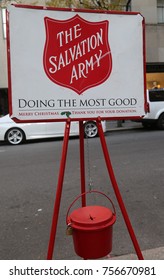 NEW YORK - NOVEMBER 16, 2017: Salvation Army Red Kettle For Collections In Midtown Manhattan. This Christian Organization Is Known For Its Charity Work, Operating In 126 Countries