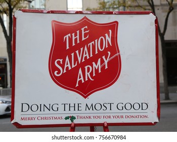 NEW YORK - NOVEMBER 16, 2017: Salvation Army Red Kettle For Collections In Midtown Manhattan. This Christian Organization Is Known For Its Charity Work, Operating In 126 Countries