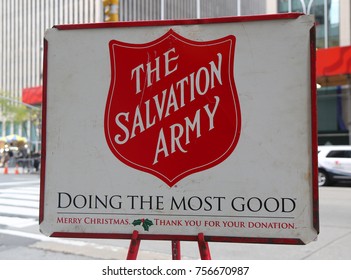 NEW YORK - NOVEMBER 16, 2017: Salvation Army Red Kettle For Collections In Midtown Manhattan. This Christian Organization Is Known For Its Charity Work, Operating In 126 Countries