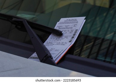 NEW YORK - NOVEMBER 3, 2022: Illegal Parking Violation Citation On Car Windshield In New York