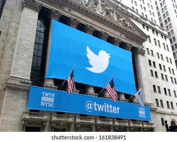 NEW YORK - NOVEMBER 7: The Twitter logo is shown in front of the NYSE on November 7, 2013 in New York. Twitter, ticker symbol: TWTR, went public today at $26 per share.