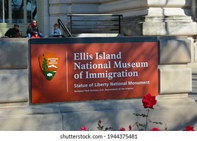 NEW YORK, NY - 04 NOV 2019: Closeup of the sign at the Ellis Island National Museum of Immigration, Statue of Liberty National Monument.