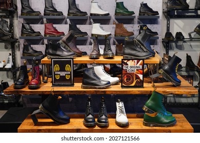 NEW YORK, NY -14 MAR 2021- Shoes inside a Dr. Martens shoe store in New York City. Founded in 1947, Doc Martens is a British footwear company known for its boots with a bouncing sole.