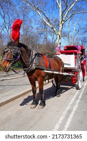 NEW YORK, NY -22 MAR 2022- View Of A Horse Drawn Carriage, A Popular Tourist Attraction Around Central Park In Manhattan, New York.