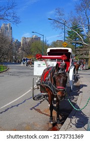 NEW YORK, NY -22 MAR 2022- View Of A Horse Drawn Carriage, A Popular Tourist Attraction Around Central Park In Manhattan, New York.