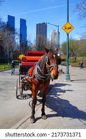 NEW YORK, NY -22 MAR 2022- View Of A Horse Drawn Carriage, A Popular Tourist Attraction Around Central Park In Manhattan, New York.