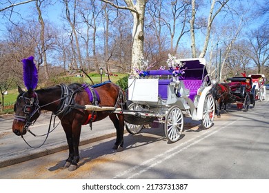 NEW YORK, NY -22 MAR 2022- View Of A Horse Drawn Carriage, A Popular Tourist Attraction Around Central Park In Manhattan, New York.