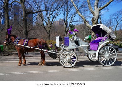 NEW YORK, NY -22 MAR 2022- View Of A Horse Drawn Carriage, A Popular Tourist Attraction Around Central Park In Manhattan, New York.