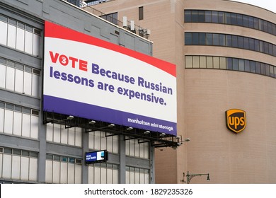 NEW YORK, NY -27 SEP 2020- View Of A Political Ad On A Billboard Saying VOTE Because Russian Lessons Are Expensive On A Manhattan Mini Storage Building In Manhattan, New York.