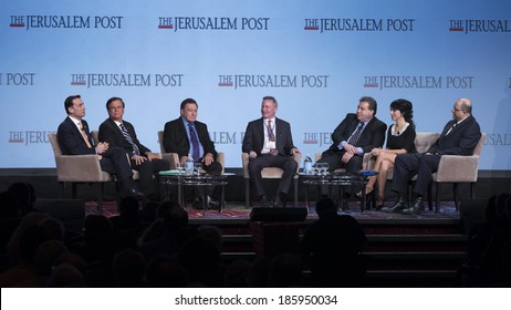 NEW YORK, NY - APRIL 06, 2014: Panel discussion at Jerusalem Post Annual Conference with editor Steve Linde (C) & Israeli singer Rita (2nd R) in Marriott Marquis Times Square