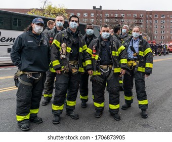 New York, NY - April 17, 2020: First Responders Attend Mayor Bill De Blasio Address Medical Staff At 7pm To Thank For Their Work During COVID-19 Pandemic At Elmhurst Hospital