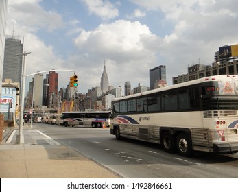 New York, NY - April 20 2011: NJ Transit Buses On 40th Street During The Evening Rush Hour