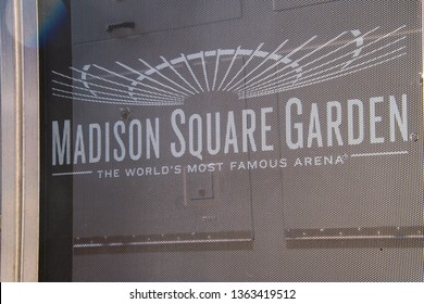 New York, NY - April 3, 2019: Sign For Madison Square Garden On A Mesh Curtain Blocking The Construction At This Site