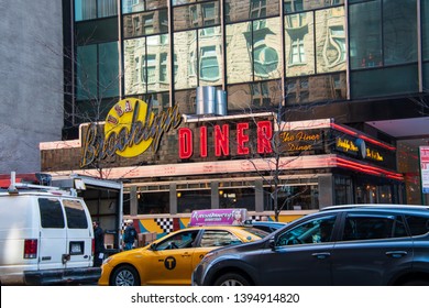 New York, NY - April 3, 2019: Front of the famous Brooklyn Diner located in Manhattan, New York City as seen on this date
