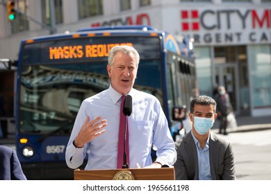 New York, NY - April 30, 2021: Mayor Bill De Blasio Speaks During Opening Of The New 181st Street Busway In Washington Heights