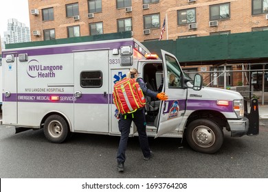 New York, NY - April 4, 2020: First responder from NYU Langone Hospitals Emergency Medical Services arrived to treat patient at Greenpark nursing home The Phoenix in Brooklyn