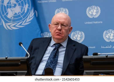 New York, NY - April 4, 2022: Press Briefing By The Permanent Representative Of The Russian Federation To The United Nations, Ambassador Vassily Nebenzia At UN Headquarters