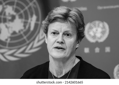 New York, NY - April 4, 2022: Ambassador Barbara Woodward And President Of The Security Council For The Month Of April Briefs Press Of The SC Program For The Month At UN Headquarters