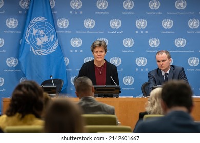 New York, NY - April 4, 2022: Ambassador Barbara Woodward And President Of The Security Council For The Month Of April Briefs Press Of The SC Program For The Month At UN Headquarters