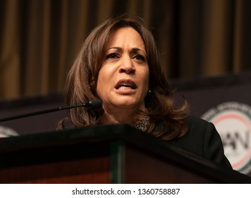 New York, NY - April 5, 2019: Democratic Presidential candidate US Senator Kamala Harris speaks during National Action Network 2019 convention at Sheraton Times Square.
