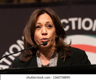 New York, NY - April 5, 2019: Democratic Presidential candidate US Senator Kamala Harris speaks during National Action Network 2019 convention at Sheraton Times Square.